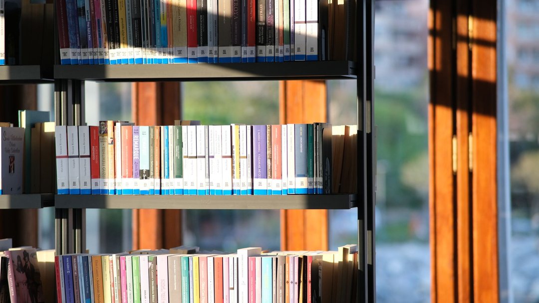 A brightly lit bookshelf filled with books in a library setting.