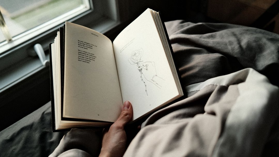图 / Pexels · William Choquette Person reading a book in bed by a window, creating a cozy and peaceful atmosphere.